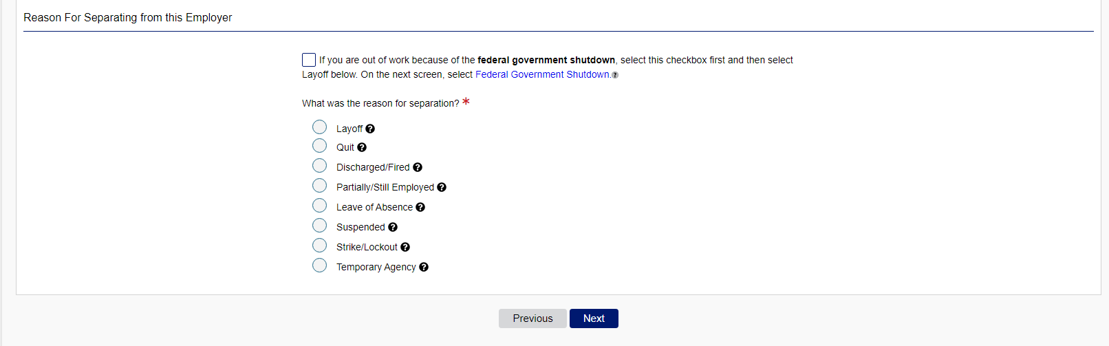 The checkbox form to indicate the reason you're out of work in MyUI+