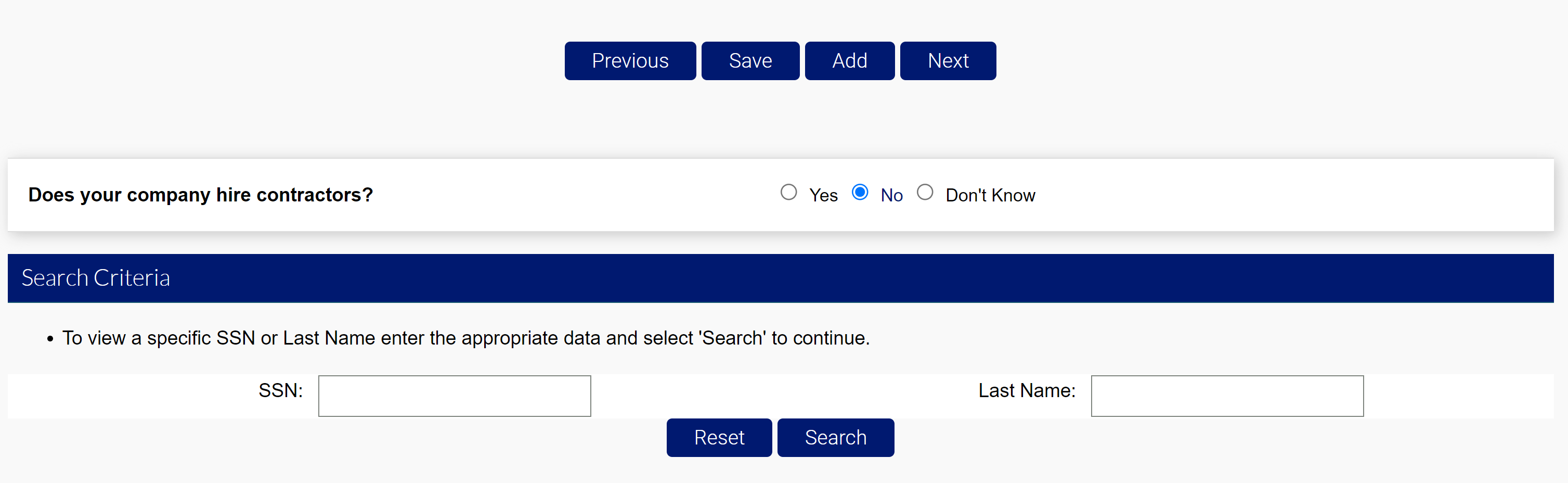 Search Criteria module with the option to search by SSN or Last Name.