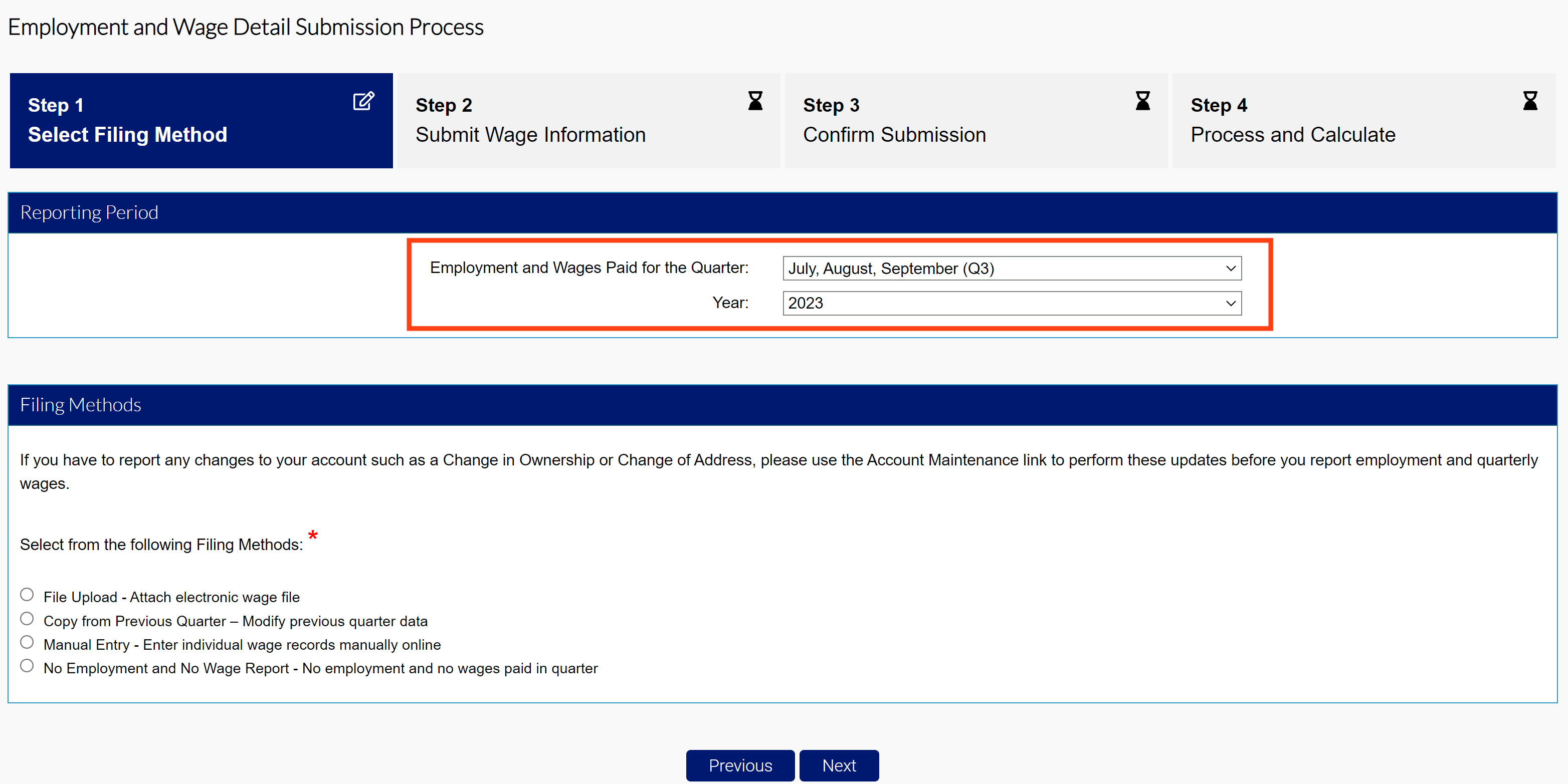 Select Filing Method step with the Reporting Period module highlighted.