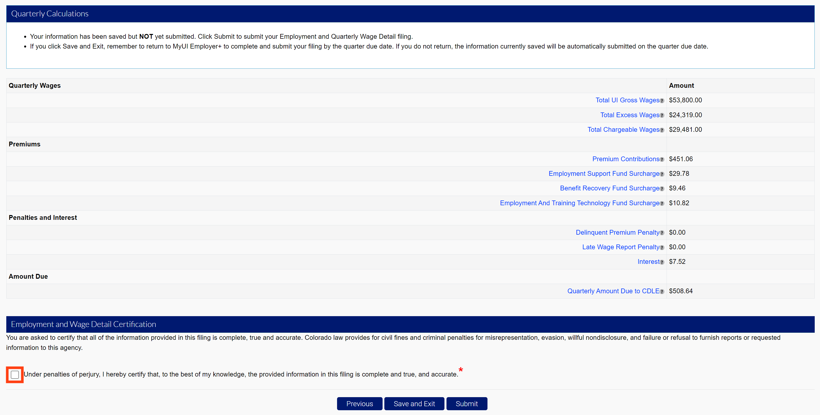 Quarterly Calculations screen with Employment and Wage Certification checkbox selected.