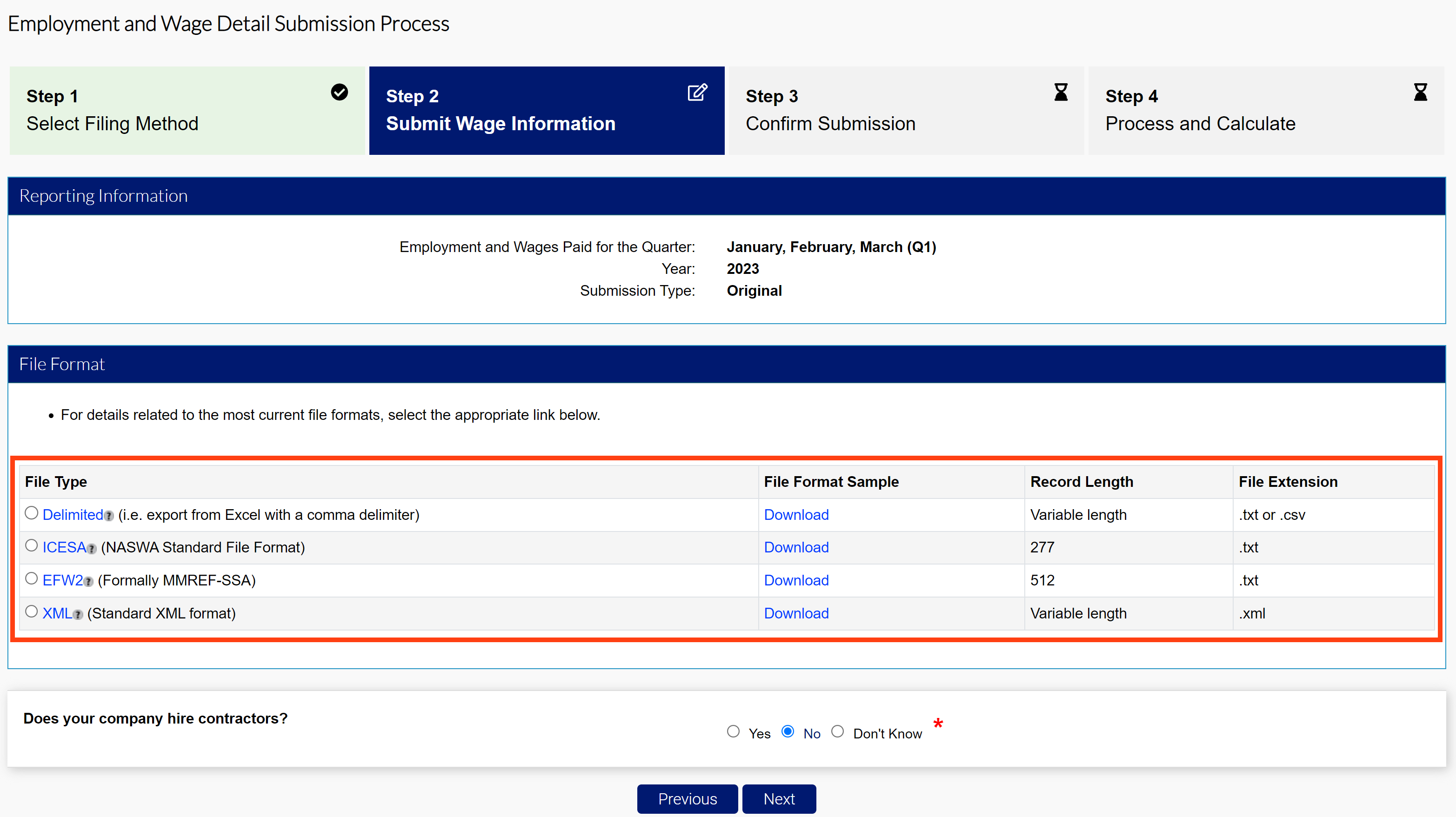 Submit Wage Information screen with File Format module highlighted.
