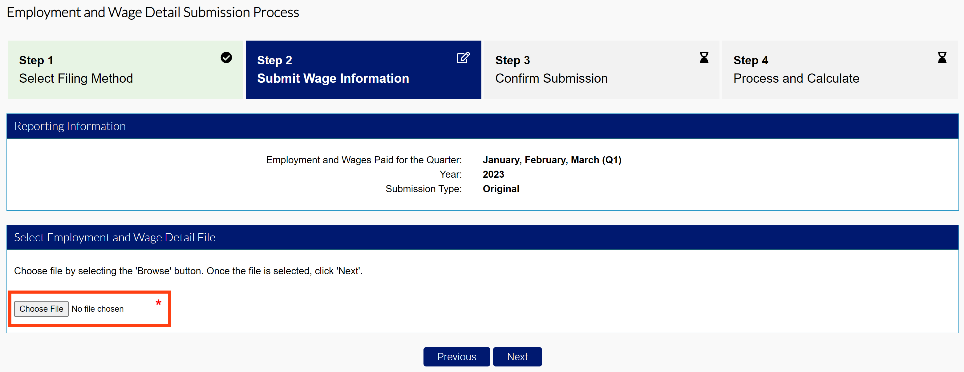 Submit Wage Information screen with Choose File option higlighted in Select Employment and Wage Detail File module.