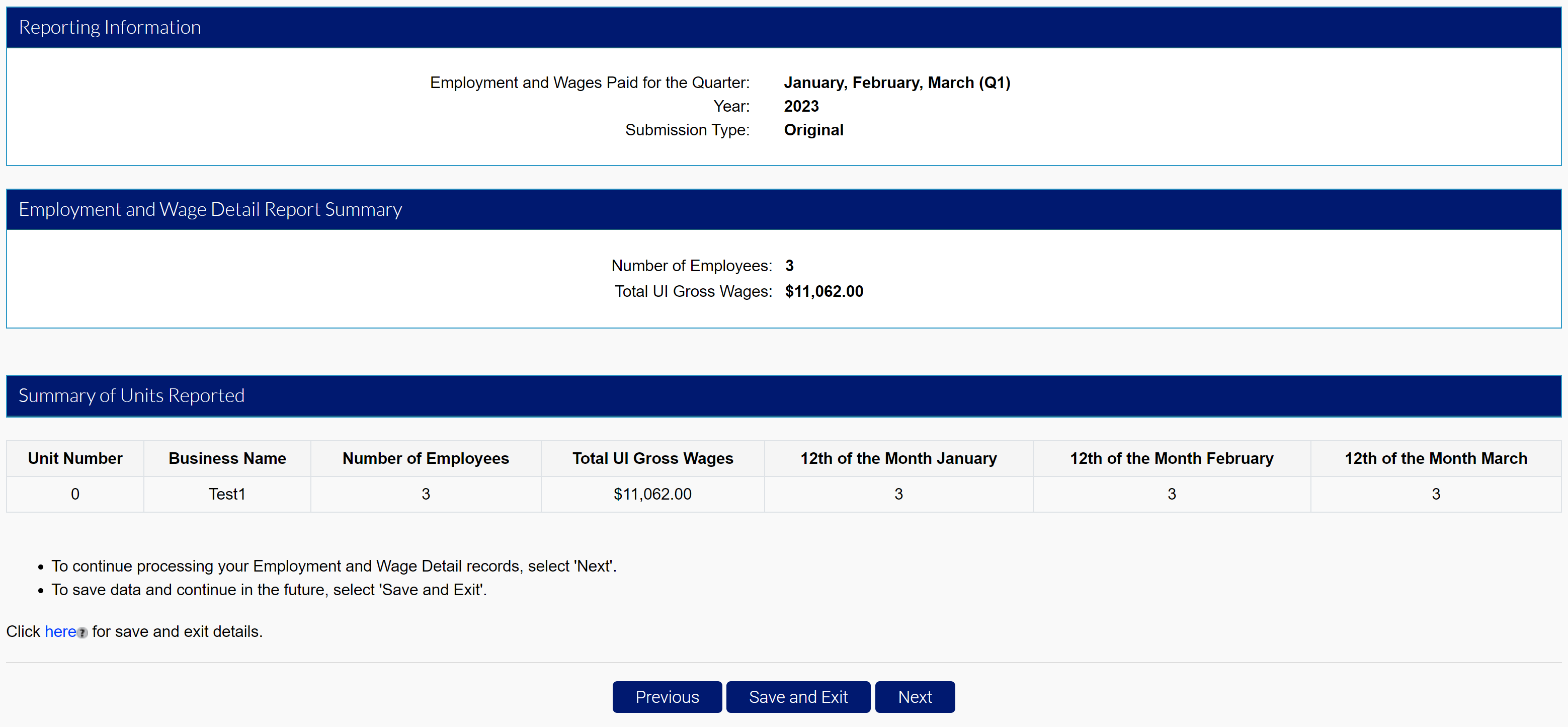 Reporting Information, Employment and Wage Detail Report Summary, and Summary of Units Reported modules.