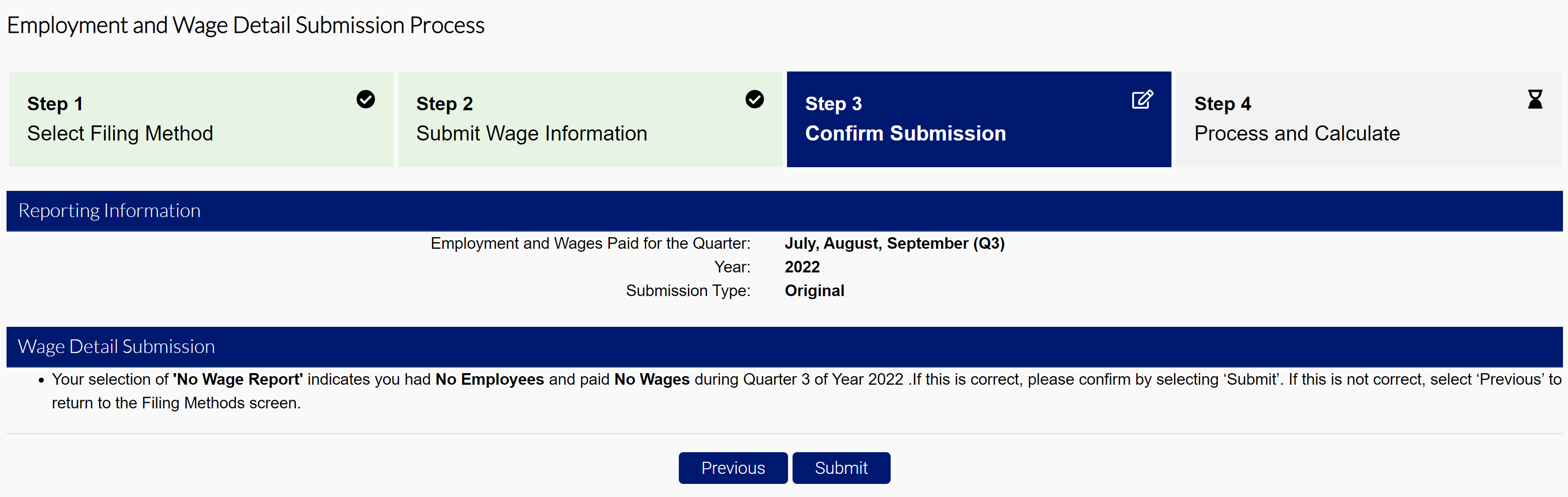 Confirm Submission screen with Wage Detail Submission module highlighted.