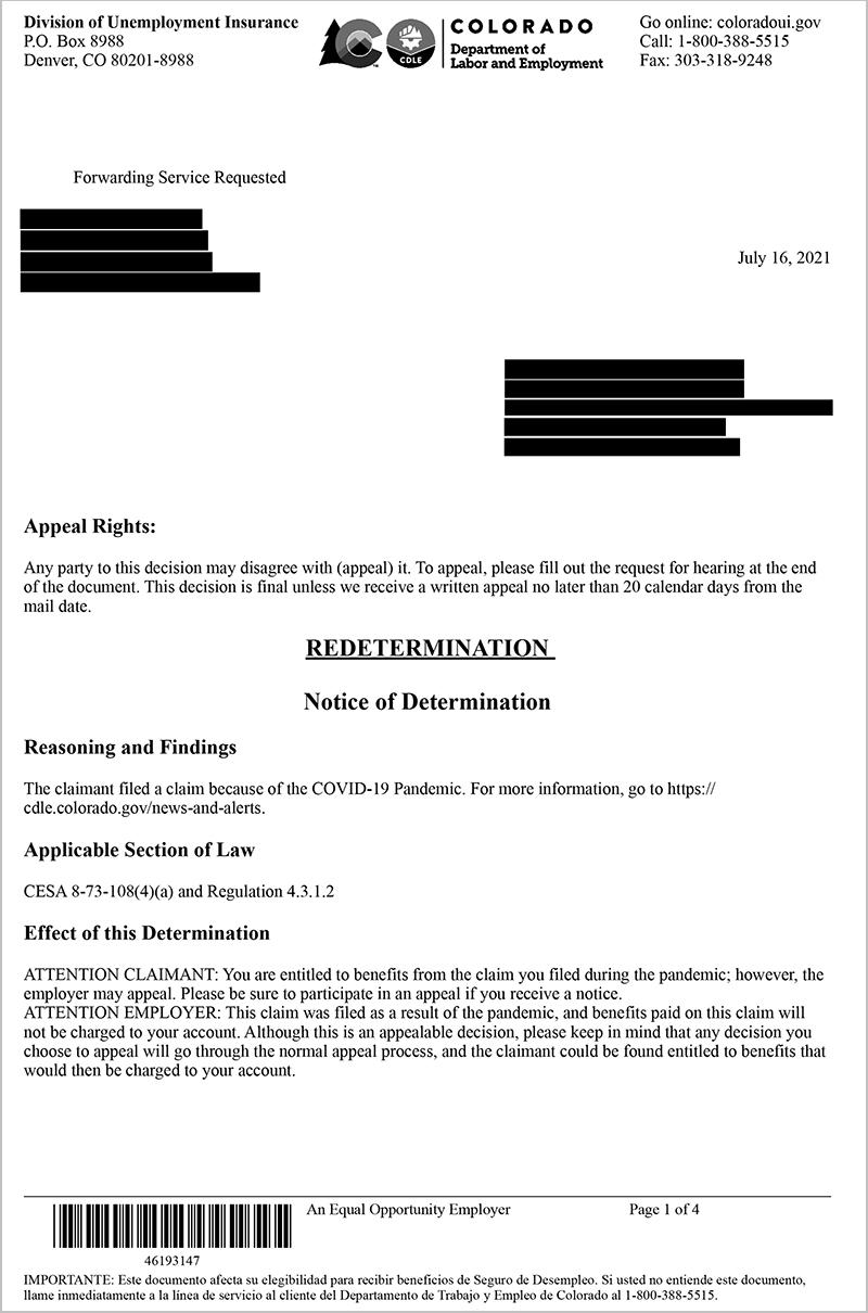 Employer Notice of Determination Example Image